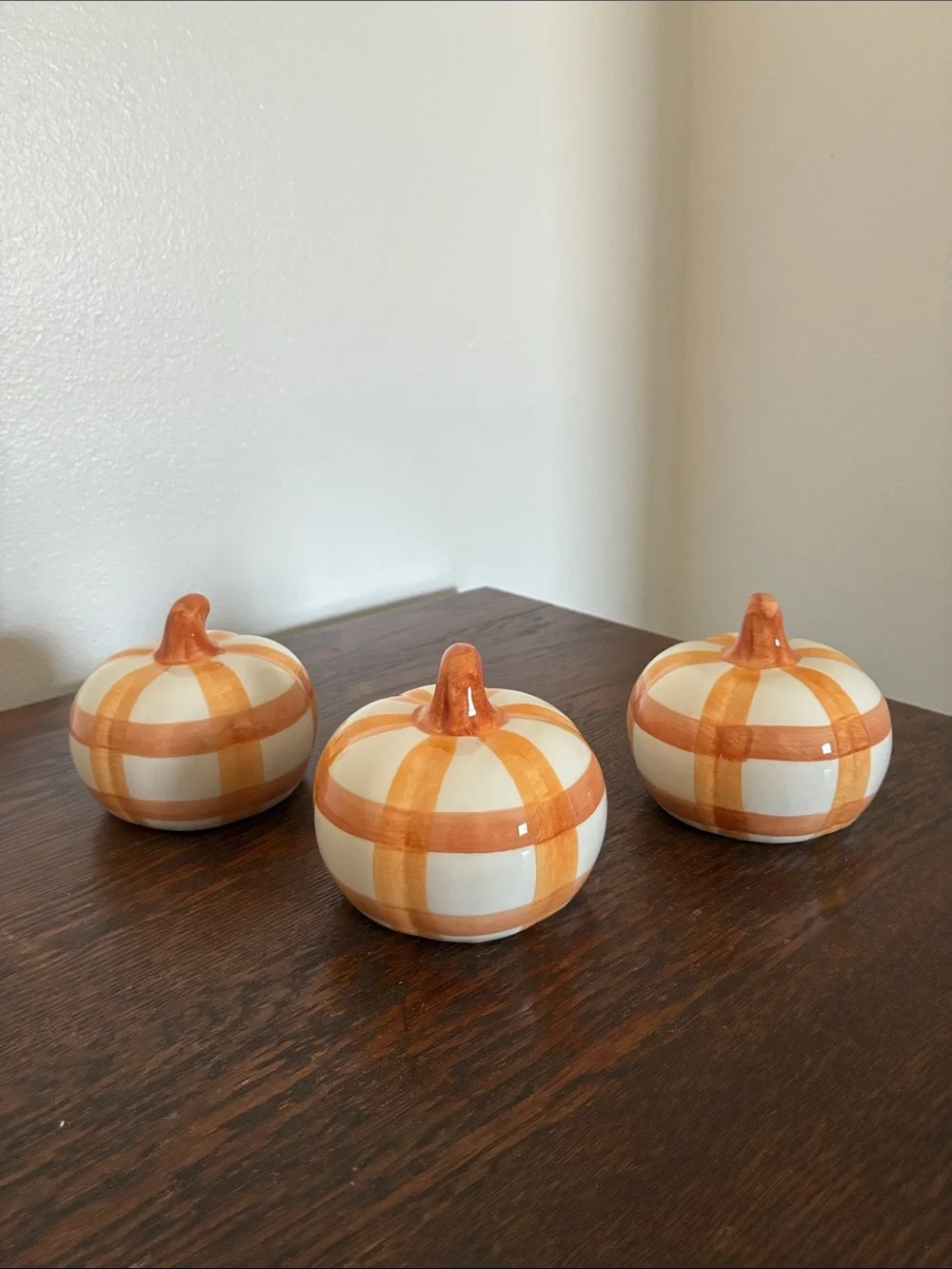 NWT- Decorative Ceramic Pumpkin Trio - White and Orange Plaid Stripe